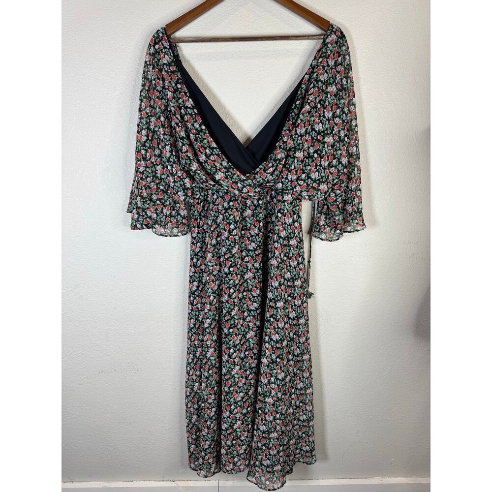 Rebecca Minkoff Floral Chiffon Dress 10 Black Pink Green V-Neck Boho Romantic